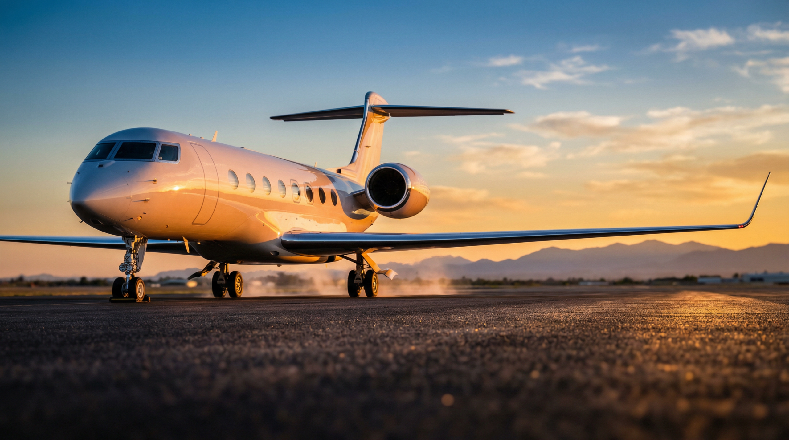 Private jet on tarmac at golden hour — empty leg charter flights to Mexico through Villa Experience