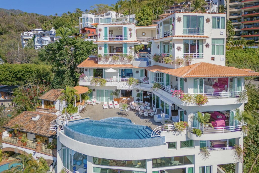 Villa Yvonneka full aerial of the stacked villa above the pool — Puerto Vallarta, Mexico