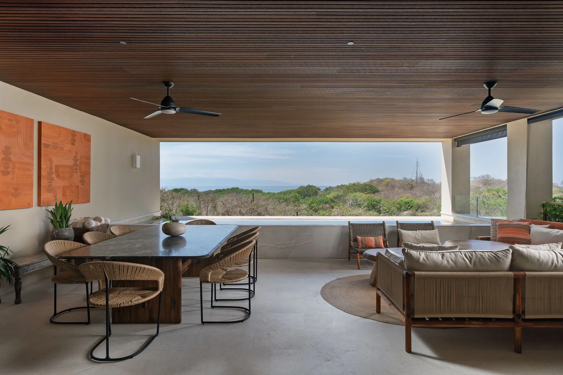 Condo Cuenco terrace lounge and dining beneath the timber ceiling — Surf Residences, Punta Mita