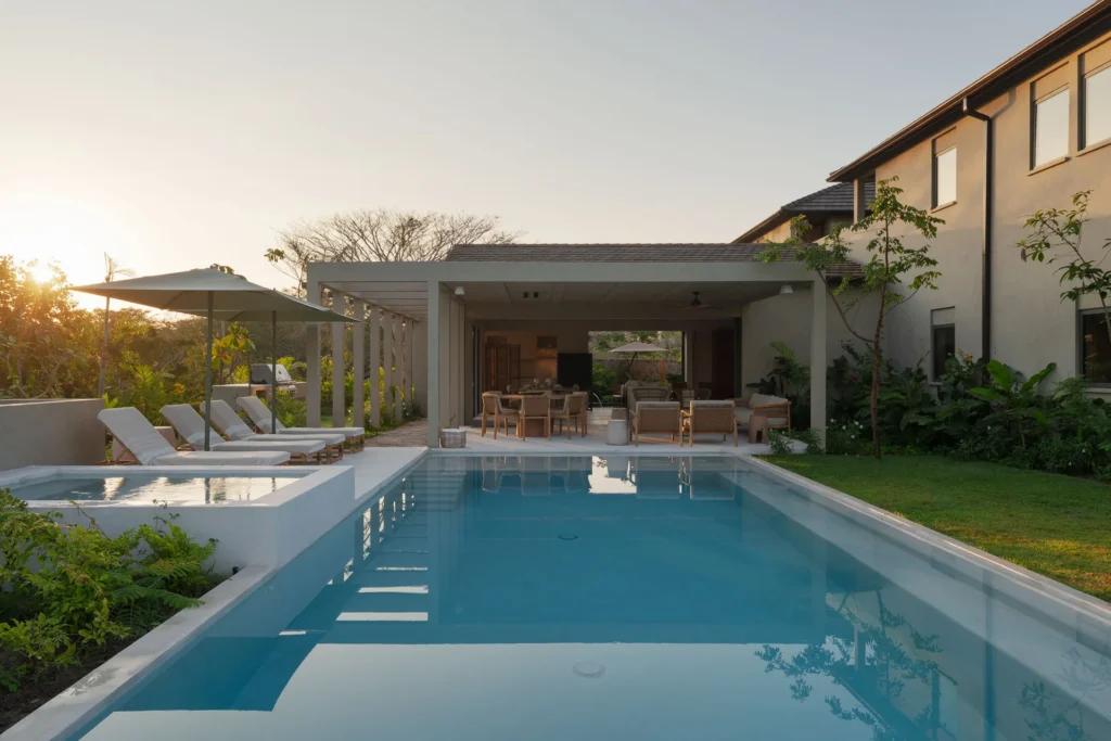 Villa Selva 33 swimming pool and terrace at sunset — Selva Residences, Punta Mita