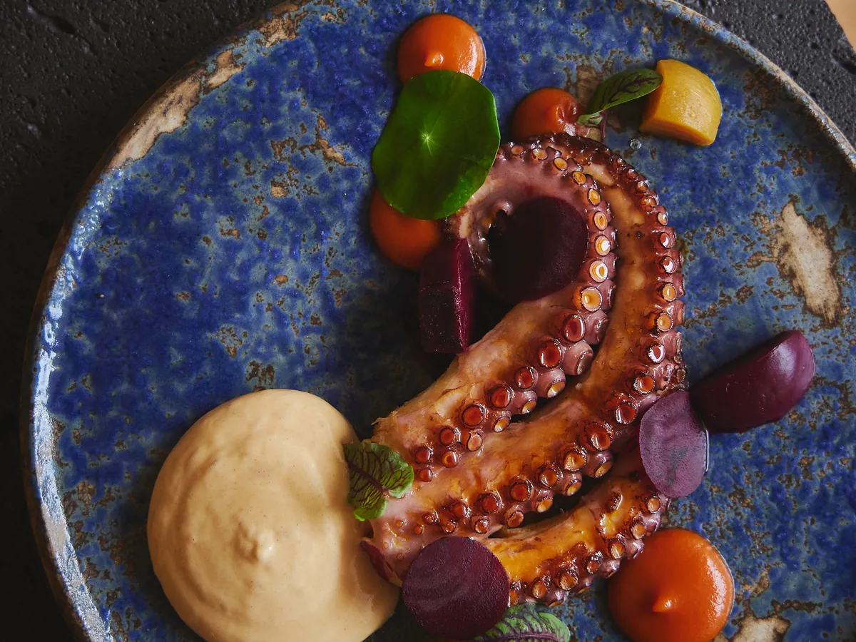 An octopus tentacle with purple potato, dots of orange sauce and a cream quenelle on a blue ceramic plate