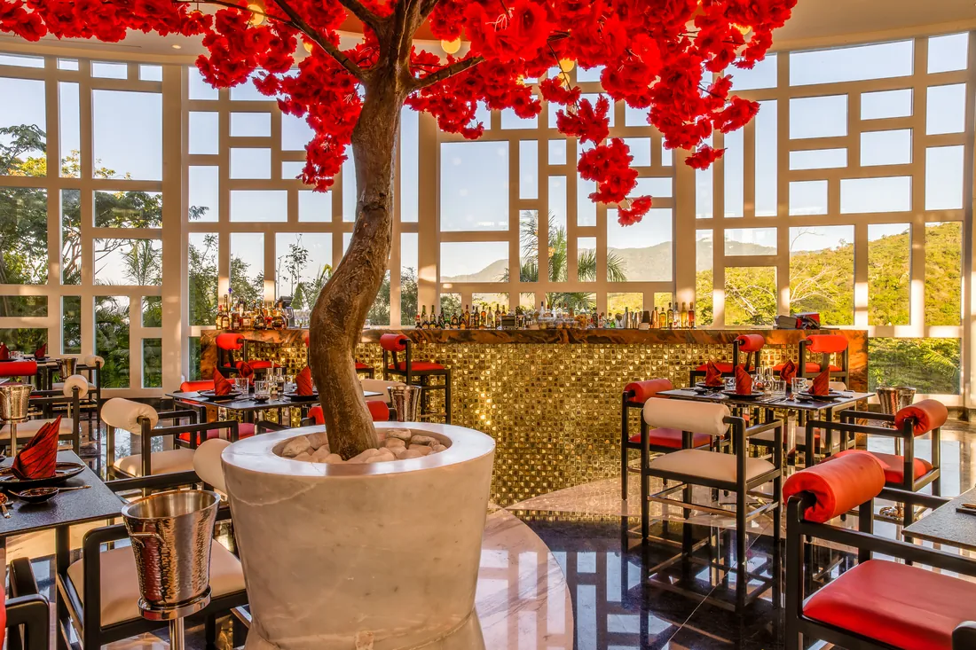 A restaurant with a red-blossom tree in a stone planter, white lattice screens, a gold bar and black tables with red chairs