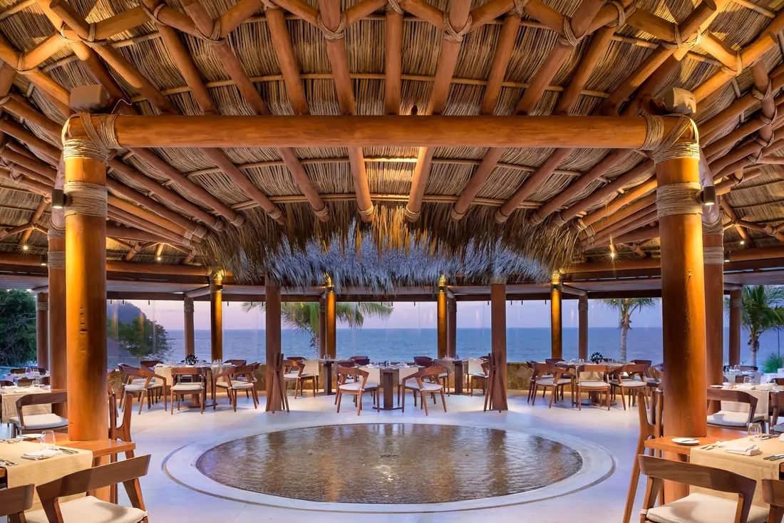 The open dining room at Kupuri Beach Club, Punta Mita, looking out to Litibú Bay