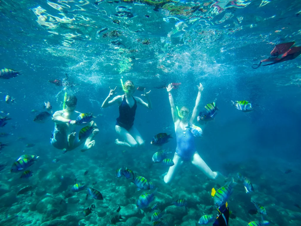 Two snorkellers swim over a rocky reef in clear turquoise water.