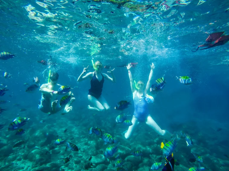 Two snorkellers swim over a rocky reef in clear turquoise water.