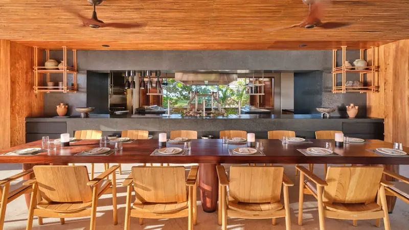 The dining room and open kitchen at Mita Mary, St. Regis Punta Mita
