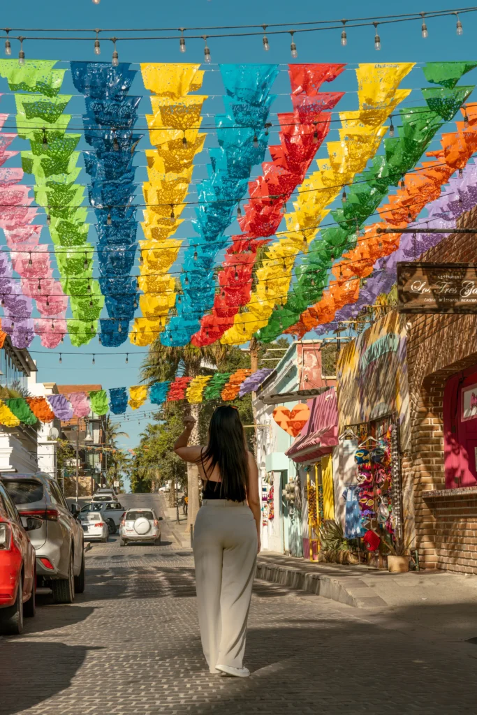 A person walks a street below rows of brightly coloured cut-paper banners.