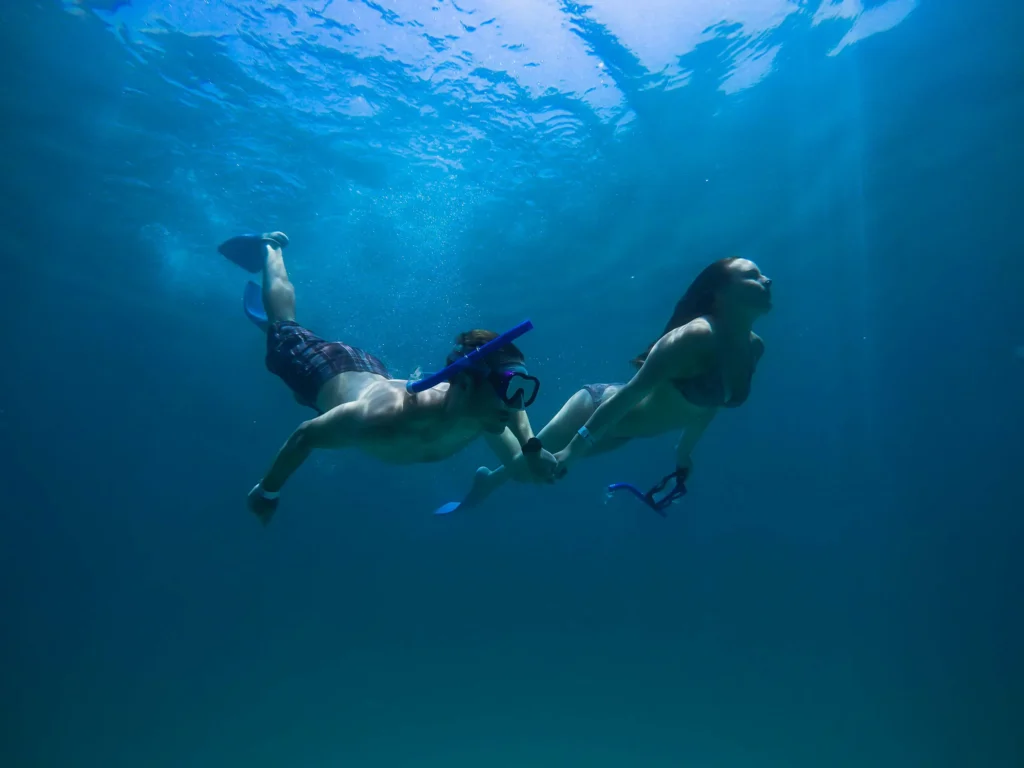 Two snorkellers swim down together just below a bright rippled surface.