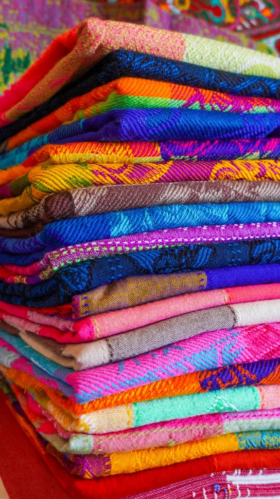 A tall stack of brightly striped woven blankets in a craft shop.