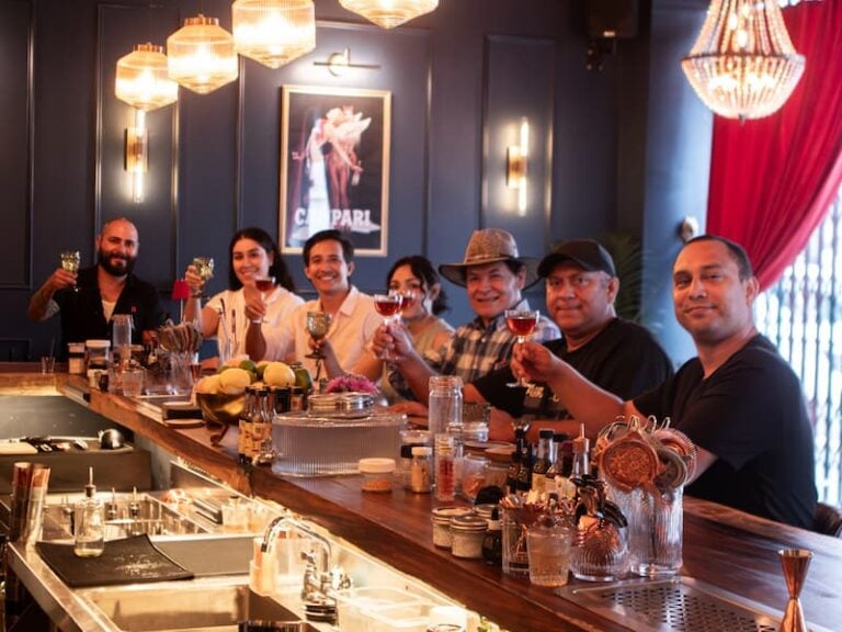 Tour group raising drinks at a cocktail bar