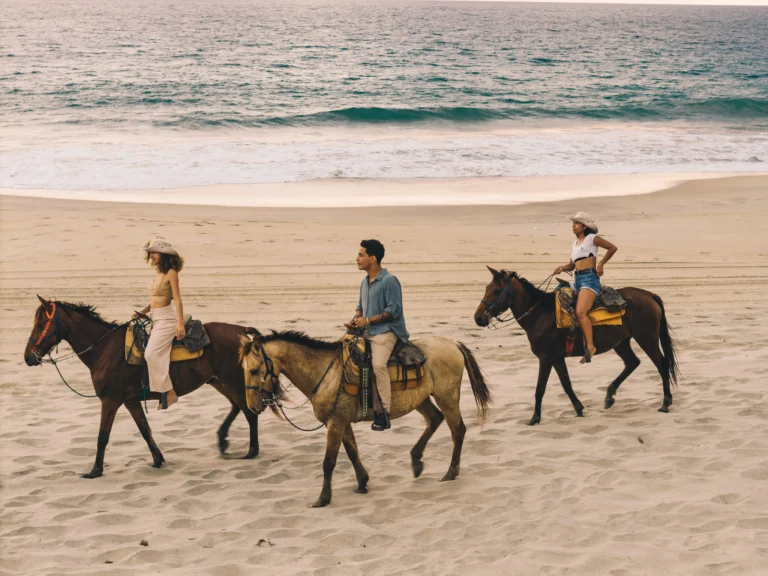 Three riders on horseback walking along a wide sandy beach beside the ocean in soft evening light