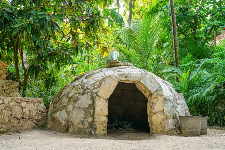 A traditional domed stone temazcal steam lodge set among tropical palms