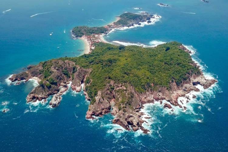 Aerial view of Isla Ixtapa with its beaches and reef-fringed coastline