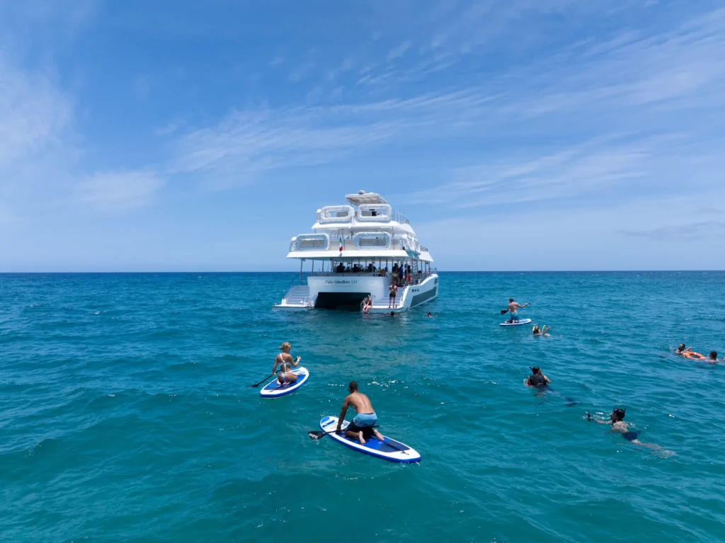 A catamaran at anchor with paddleboarders and swimmers in the water nearby.