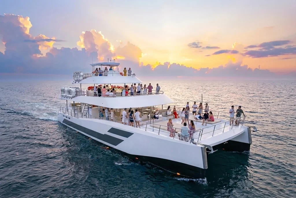 A catamaran sits on calm water under a wide pink and orange sunset sky.