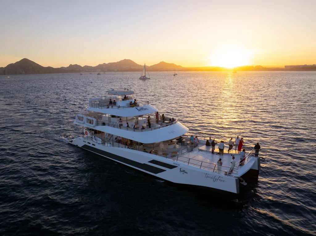 A catamaran is silhouetted against a low sun on the horizon.