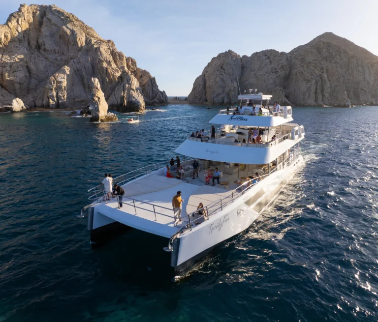 A large white catamaran passes close to the granite rocks at Land’s End.