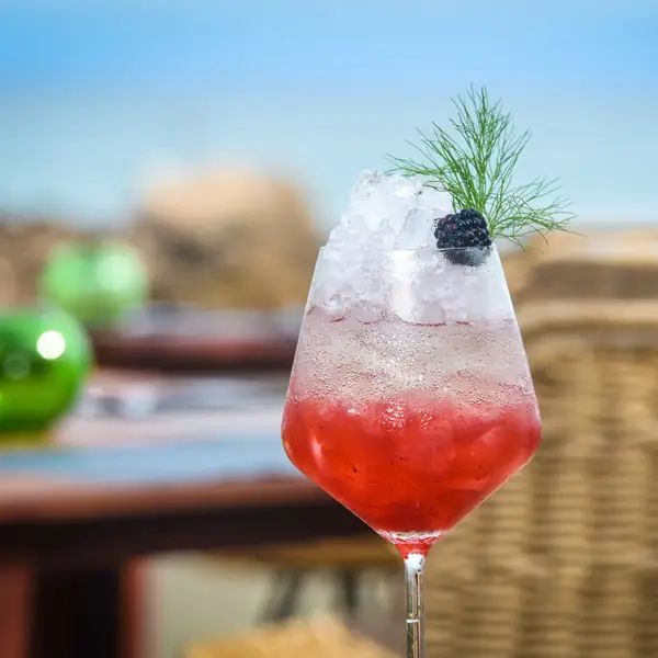 A red cocktail garnished with a blackberry at Zicatela, Punta de Mita